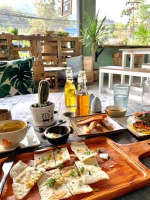 Flatbread, roasted sweet potato with vegan mayo, curried red lentils, and Vietnamese rolls with dip   at Gecko Republic Jungle Cafe in Koh Tao