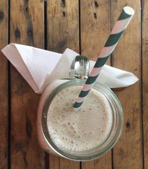 Peanut butter banana smoothie with soy milk.  at Mark's Cafe in Varanasi