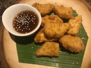 some sort of vegan nuggets in a good sauce at Where Else! in Koh Lanta