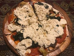Vegan pizza with the weird tofu-based cheese that was good at Where Else! in Koh Lanta