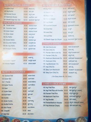 Menu
Not all things available at all times of the day (some only available after 6.30pm or on a Sunday etc- ask staff for clarification) at Hotel Shanthi Sagar in Udupi