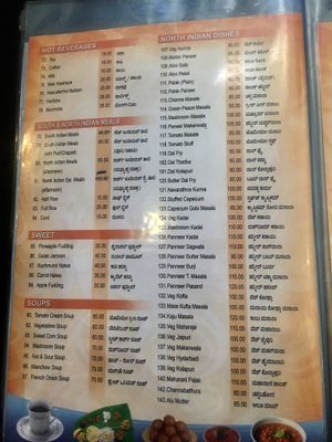 Menu at Hotel Shanthi Sagar in Udupi