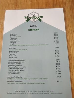 Updated drink card at Fast & Vegan in The Hague
