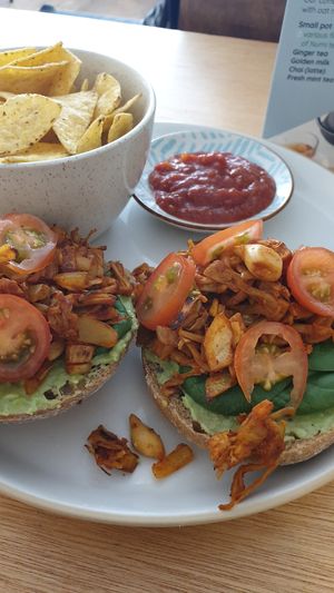 Pulled jackfruit sandwich with tortilla chips and salsa on the side at Fast & Vegan in The Hague