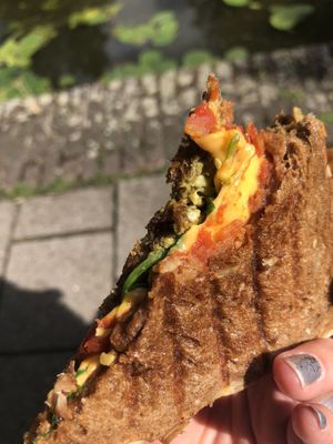 Vegan cheddar and pesto toastie at Fast & Vegan in The Hague