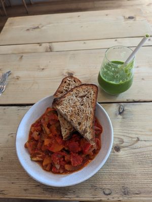 Ratatouille soup with sourdough and green smoothie at Jaunty Goat Coffee - Northgate St in Chester