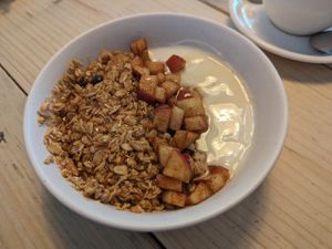 Granola, yogurt, seasonal fruit (apples) at Jaunty Goat Coffee - Northgate St in Chester