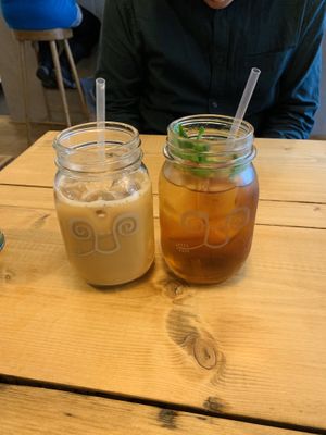 Iced coffee with coconut milk, and peach iced tea.  at Jaunty Goat Coffee - Northgate St in Chester