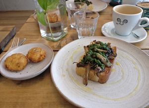 Mushrooms on homemade ciabatta with hash browns. at Jaunty Goat Coffee - Northgate St in Chester
