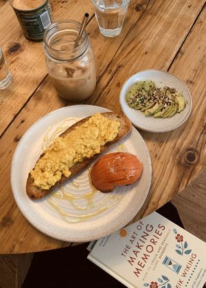 Scrambled tofu on sourdough with tomato and avocado on the side.  at Jaunty Goat Coffee - Northgate St in Chester