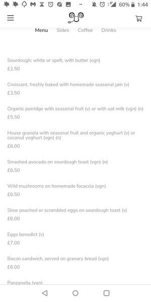 Menu sample at Jaunty Goat Coffee - Northgate St in Chester