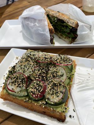 Avocado waffle toast and t-blat sandwich. We also got the bagel sandwich   at BESTIES Vegan Paradise - Hollywood in Hollywood