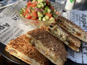 Toast full of vegan cheeseeee  at Cafe Cafe in Haifa