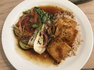 Baked tofu yakitori with veg  at Stem & Glory in London