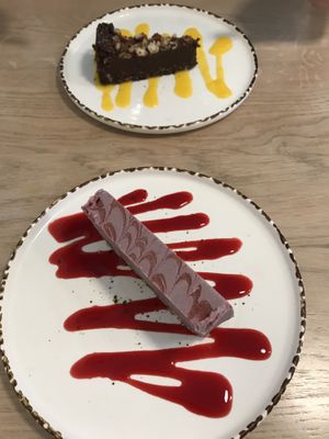 Chocolate and hazelnut tart, and raspberry cheesecake  at Stem & Glory in London