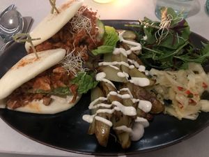 Pulled jackfruit korean-style burgers at Stem & Glory in London