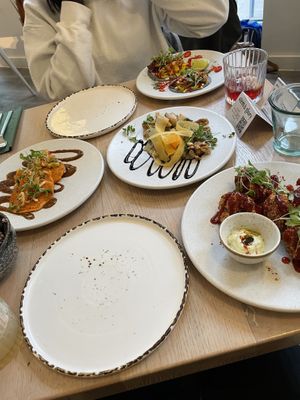 Kimchi pancakes, bbq cauliflower wings, Korean fish tacos & swede gnocchi   at Stem & Glory in London