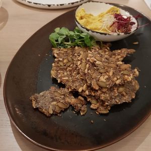 Turmeric hummus & crackers  at Stem & Glory in London