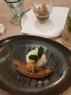 Lime ice cream & baked banana | Chocolate ice cream & rhubarb cream  at Stem & Glory in London