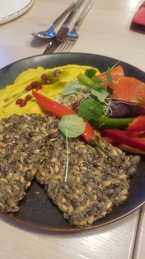 Hummus, crackers and veggies at Stem & Glory in London