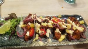Jackfruit tacos on blue corn tortillas at Stem & Glory in London