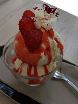 vegan vanilla ice cream with strawberry coulis at Stem & Glory in London
