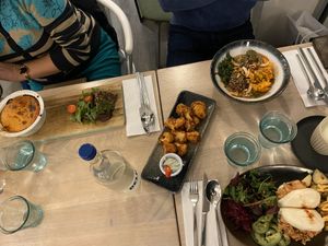 Lasagna, Cauliflower wings, Swedish Meatballs, Asian bun jackfruit burger at Stem & Glory in London