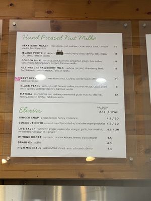 Milk menu  at Kauai Juice Co. in Koloa