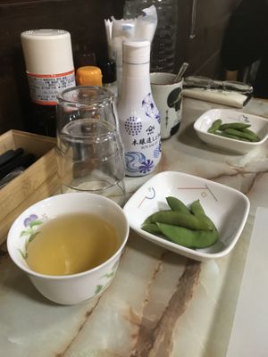 Greeted with tea and edamame   at K Kitchen Green in Myoko