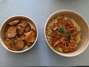 Baked sweet potatoes (€2.90) and vegan hero meal with rice (7.90€) at Constantinides Bakery in Nicosia