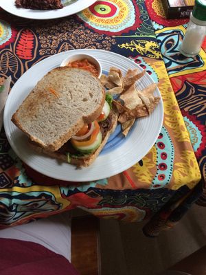 Tempeh 'burger' (sandwich) - vegan at Imas Vegetarian Restaurant in San Vincente Palawan
