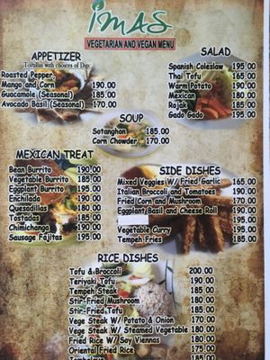 Menu, front at Imas Vegetarian Restaurant in San Vincente Palawan