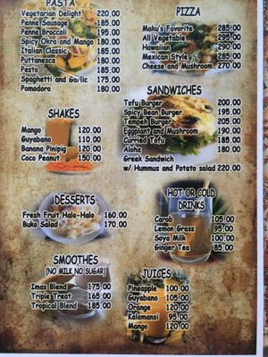 Menu, back at Imas Vegetarian Restaurant in San Vincente Palawan