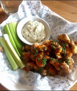 Earls Buffalo Cauliflower with vegan ranch dip - about $16 ($12.50 at Happy Hour) at Earls Kitchen + Bar in Victoria