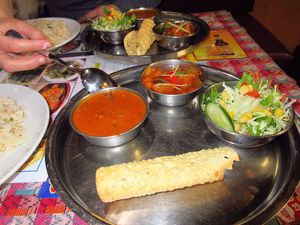 Our veganized dinner set, served with garlic rice at Mitocha in Yokohama