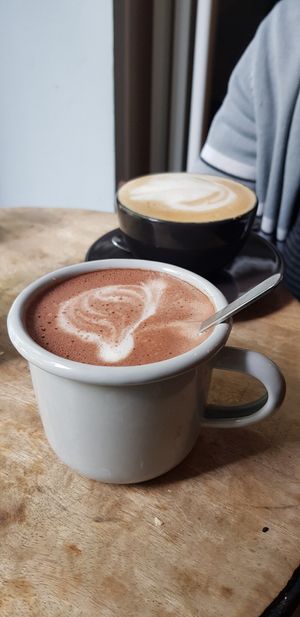 Hot chocolate and cappuccino, both with oat milk at Veg room in Berlin