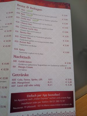 Menu 3 at Indian Tandoori in Mainz