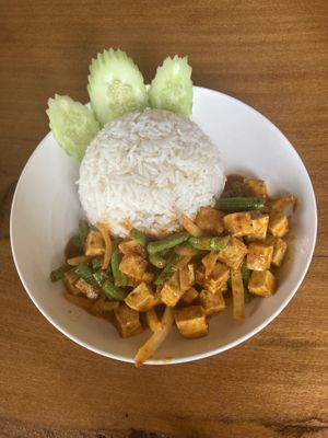 Rice topped penang curry and tofu (GF)  at Yawee in Koh Lanta