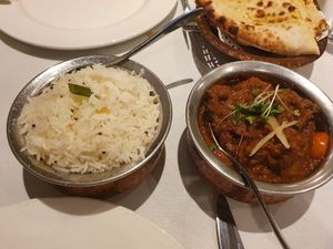 Coconut rice with aubergine curry at Little Mumbai in Twickenham