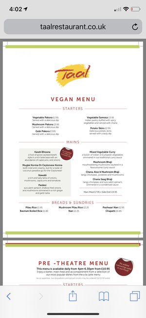 Full vegan menu - including NaN Breads!!!!  at Taal Indian Restaurant in Strathaven