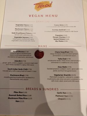 Menu as at 28/3/19 at Taal Indian Restaurant in Strathaven