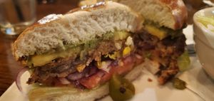 Cozumel.w/homemade black bean patty, pretzel roll, no chs/mayo at Burgerhaus in Schererville