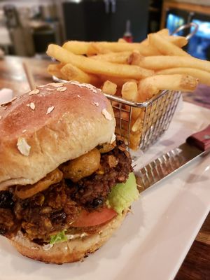 Black Bean Burger and fries at Burgerhaus in Schererville