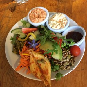 Snack sized vegan deli - Roast Red Pepper & Basil Pâté, and Carrot and Cashew. Served with bread rolls, chutney and assorted salad. at The Green Way Cafe in Matlock