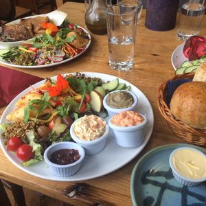 Vegan pancakes (top).
Vegan Deli (bottom). at The Green Way Cafe in Matlock