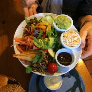 Snack sized vegan deli - Guacamole, and Carrot and Cashew. Served with bread roll basket, chutney and assorted salad. at The Green Way Cafe in Matlock