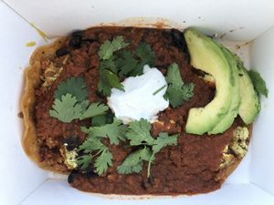 Rancheros Flores sun tofu scramble for eggs add avocado to go (Covid)  at Wildflower Cafe and Bakery in Arcata