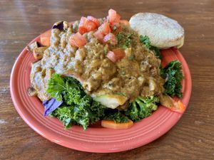 Wildflower Potatoes with Country Gravy and an English Muffin.   at Wildflower Cafe and Bakery in Arcata