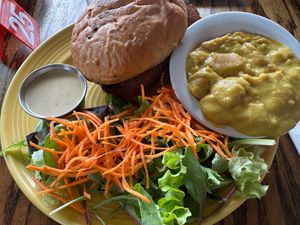 Seitan sandwich with side salad and vegan cheese dip at Wildflower Cafe and Bakery in Arcata