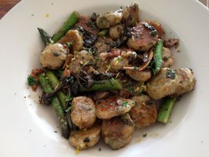 Gnocchi with asparagus and wild mushrooms at Wildflower Cafe and Bakery in Arcata